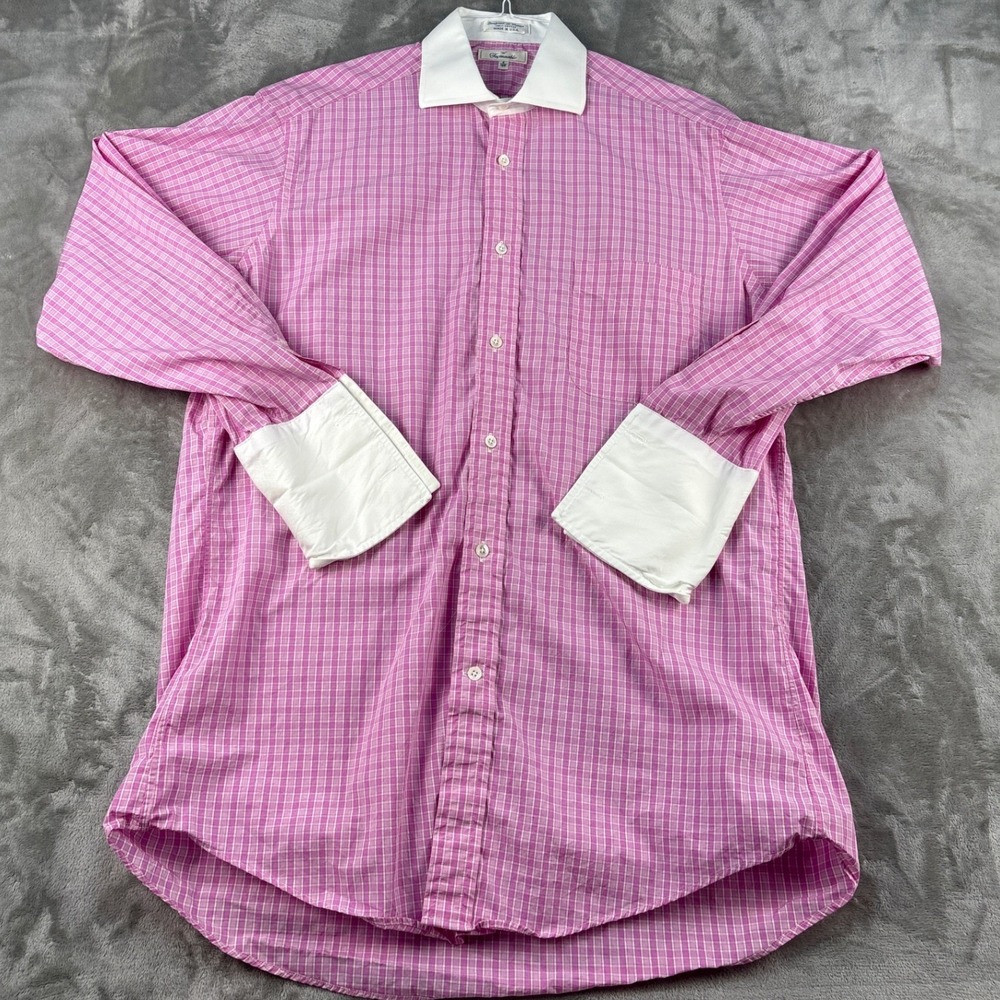 Faconnable Button-Down Mens 16R Contrast Collar Pink Check French Cuff EUC